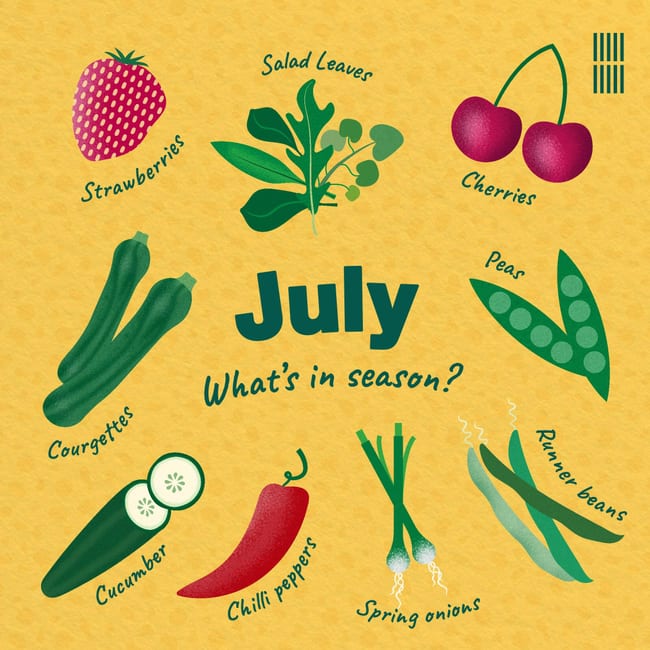 A designed social card showcasing what fruit and vegetables are in season for July. In the centre are the words 'July. What's in season?'. Surrounding the text there are illustrations of strawberries, salad leaves, cherries, peas, runner beans, spring onions, chilli peppers, cucumber, courgettes.