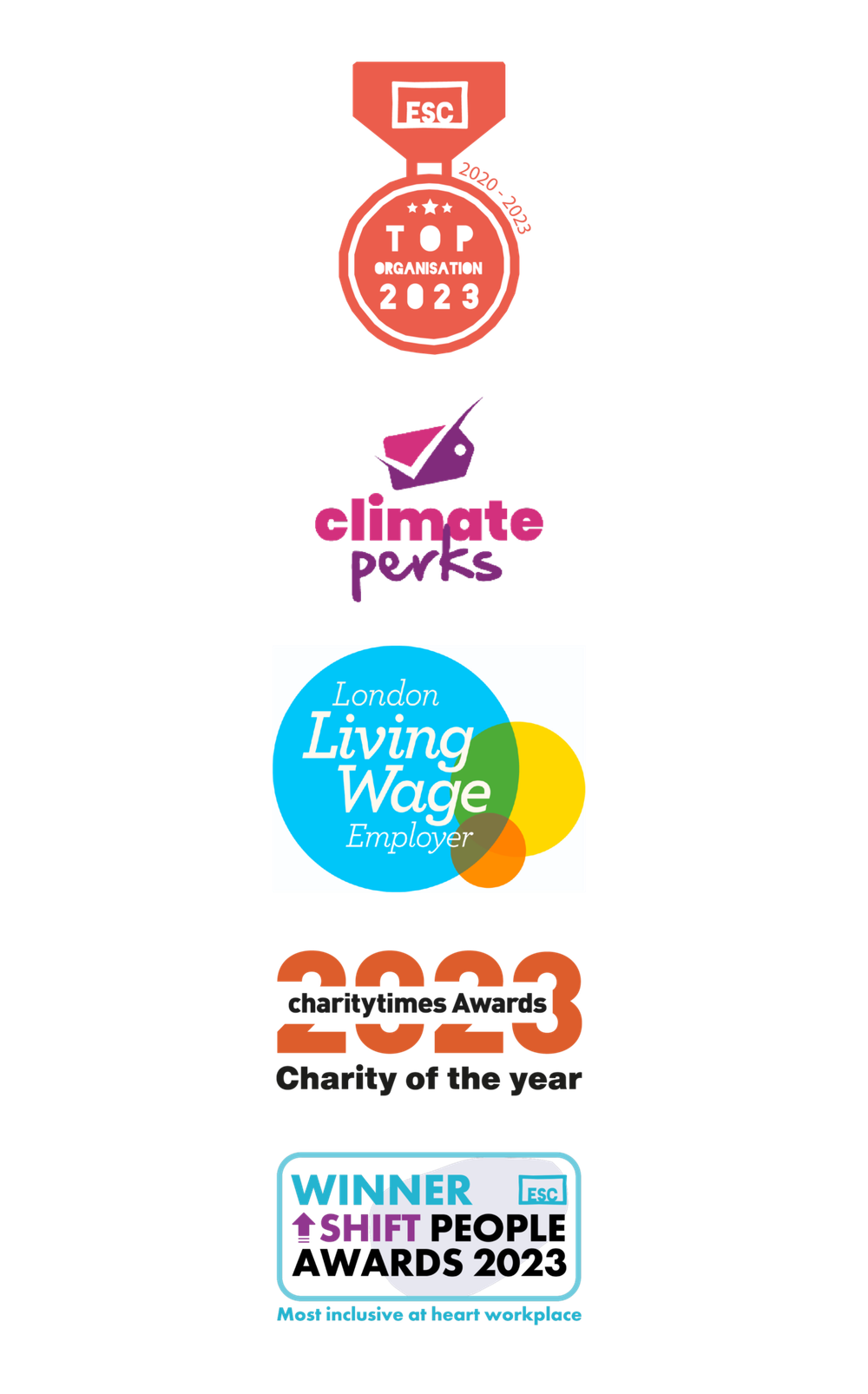 A graphic with the awards Hubbub has won as an organisation. From top to bottom: Escape the City Top Organisation to Work at 2020-2023, Climate Perks Employer, London Living Wage Employer, Charity Times Award 2023 Charity of the Year, Shift People Awards 2023 Winner Most Inclusive at Heart Workplace