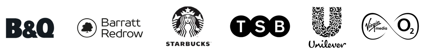 Logos of brands we have partnered with for Home Advantage. From left to right: B&Q, Barratt Redrow, Starbucks, TSB, Unilever, Virgin Media O2