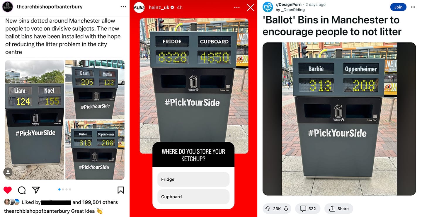 A collage of social media posts about the #PickYourSide campaign. The posts featured are from 'The Archbishop of Banterbury', 'Heinz' and 'Deisgn Porn'.
