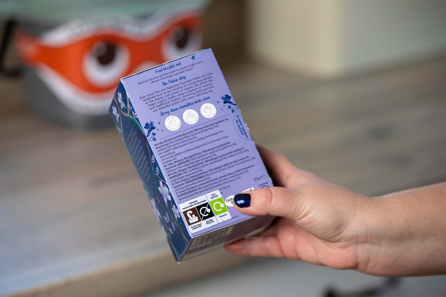 Back of tea box packaging, showing the new trialled label to mark compostable items