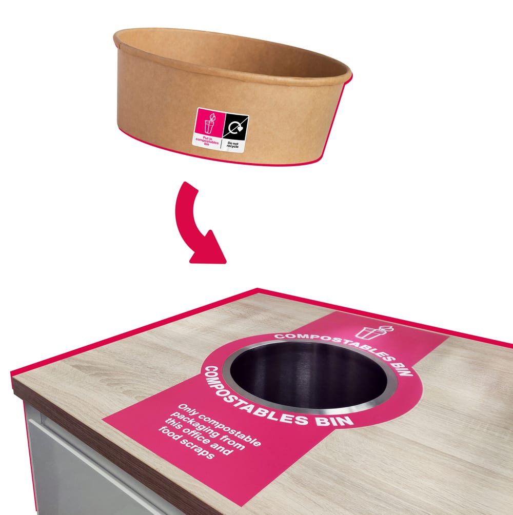 Compostables bin with compostables food packaging placed inside