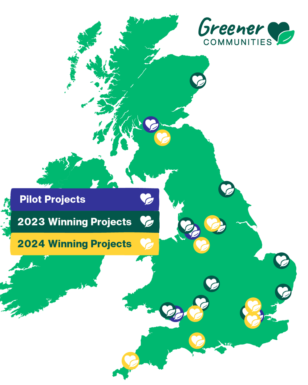 A green map of the UK showing locations of Greener Communities funded projects.