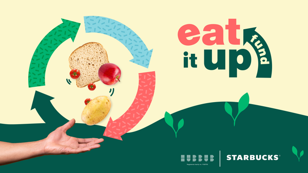 A graphic made up of a mix of cut out photography and illustrations. There is a cut out photography hand 'throwing' up a cut out potato, a slice of bread and tomatoes. Surrounding the food are 4 coloured arrows. On the top right there are the words 'eat it up fund' in a graphic logo. On the bottom right are the 'Hubbub' and 'Starkbucks' logo.