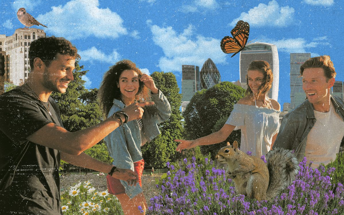 A group of diverse young people, in a retro collage image with butterflies and flowers in a community garden, with tall buildings in the background.