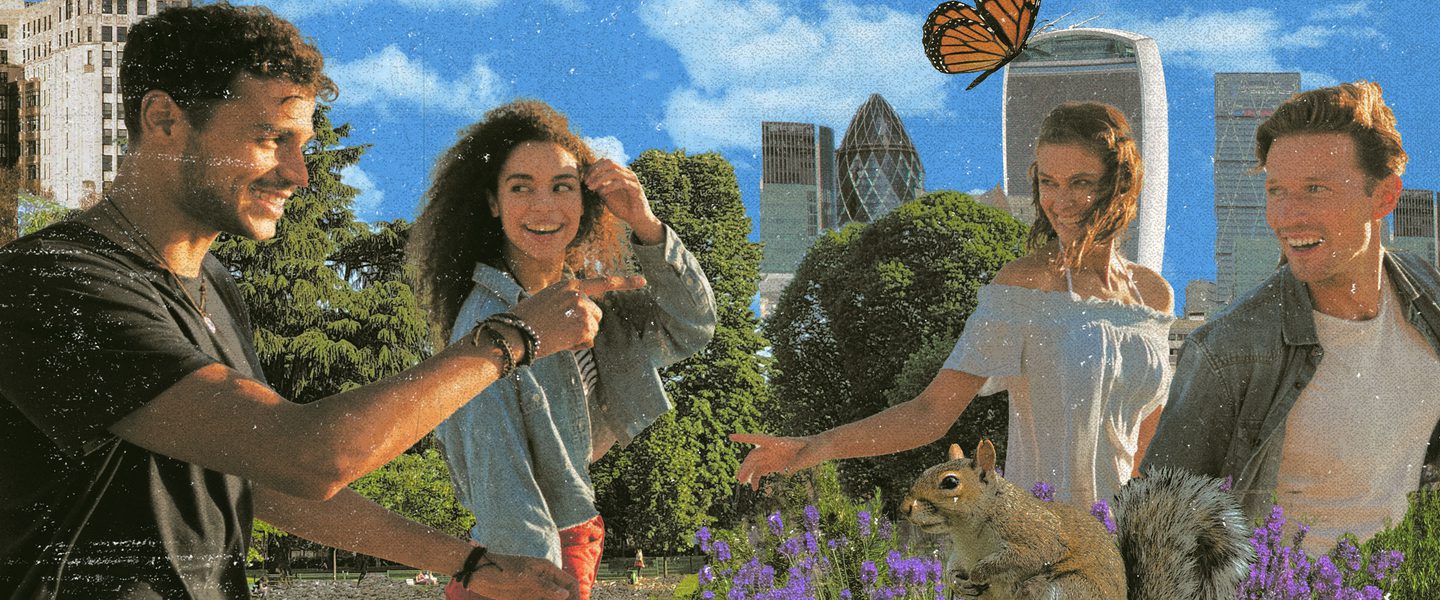 A group of diverse young people, in a retro collage image with butterflies and flowers in a community garden, with tall buildings in the background.