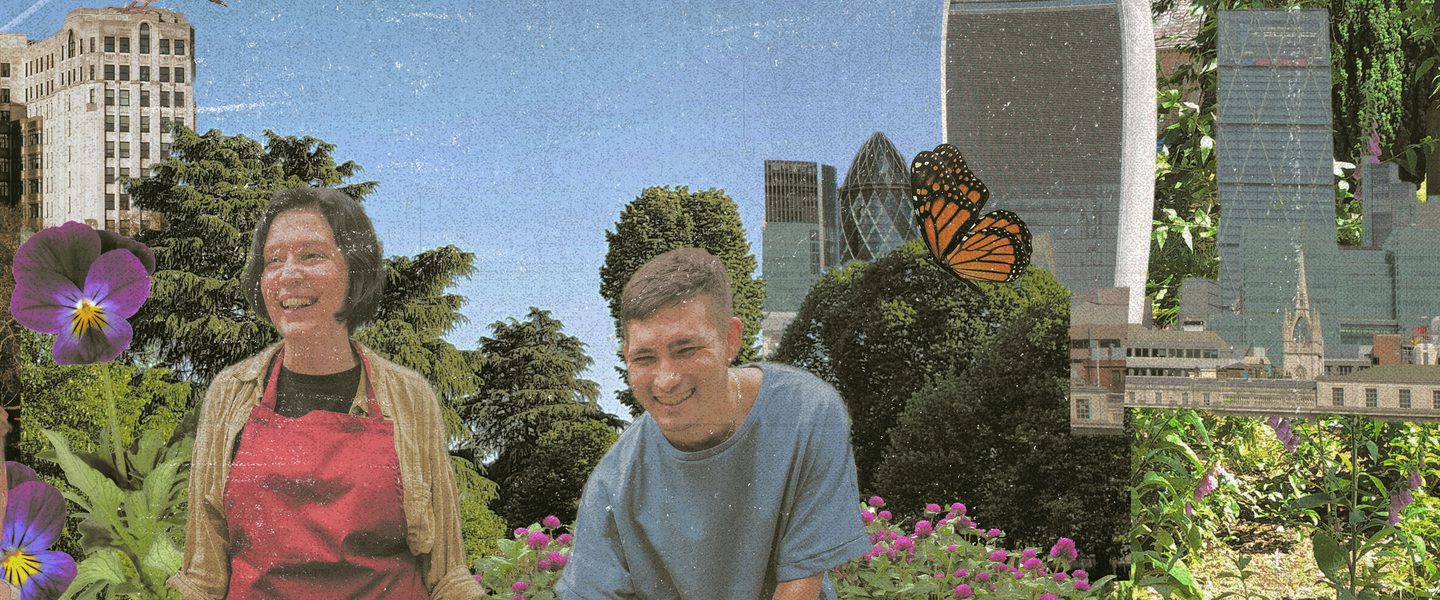 Retro collage featuring two young people amongst planters in a community garden, with city high rise buildings and birds and butterflies in the background.
