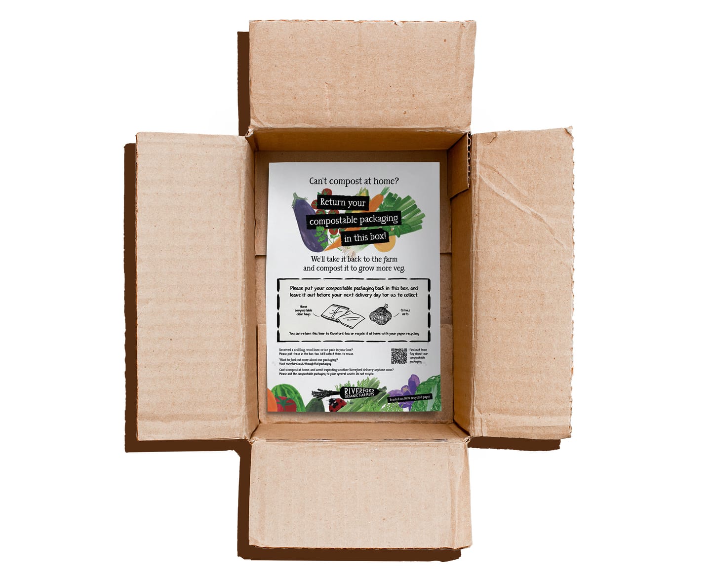 Riverford cardbox box featuring an A4 sheet on the bottom with messaging around composting instructions